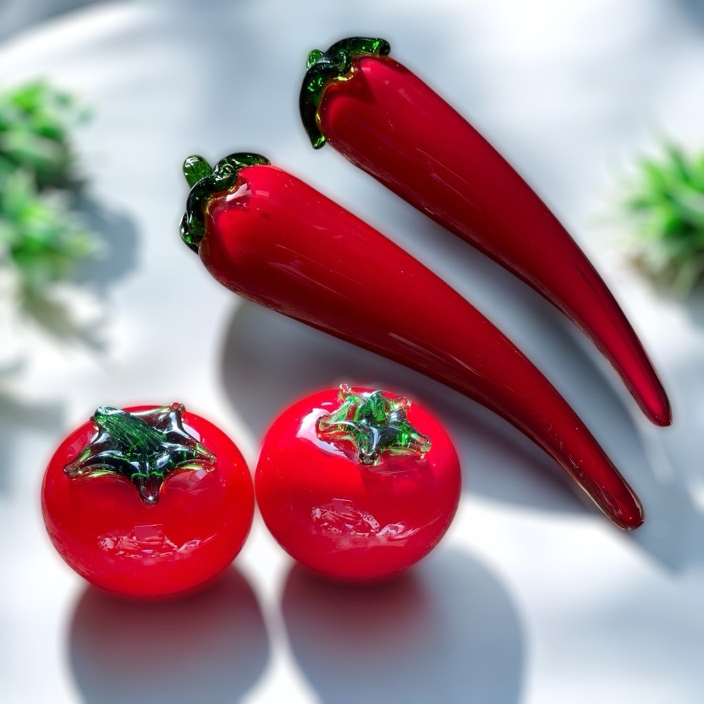 Vintage Hand-Blown Glass Chili Peppers and Tomatoes Decor - Murano Style